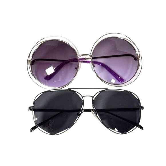 Sunglasses Black Blue Aviator Round Set Of 2 Summer Beach Fashion Accessories - Picture 2 of 8